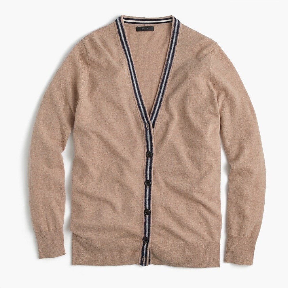 J.Crew classic tipped vneck tan navy cardigan xxxs